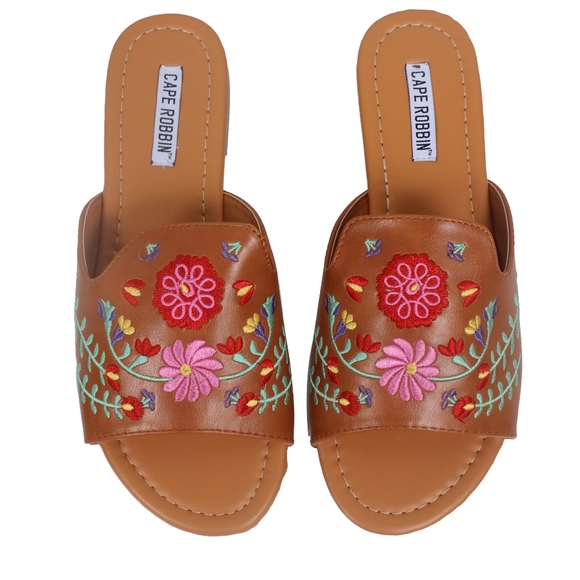 Camel Flower Embroidered Open Toe Slip On Sandal - Picture 1 of 6